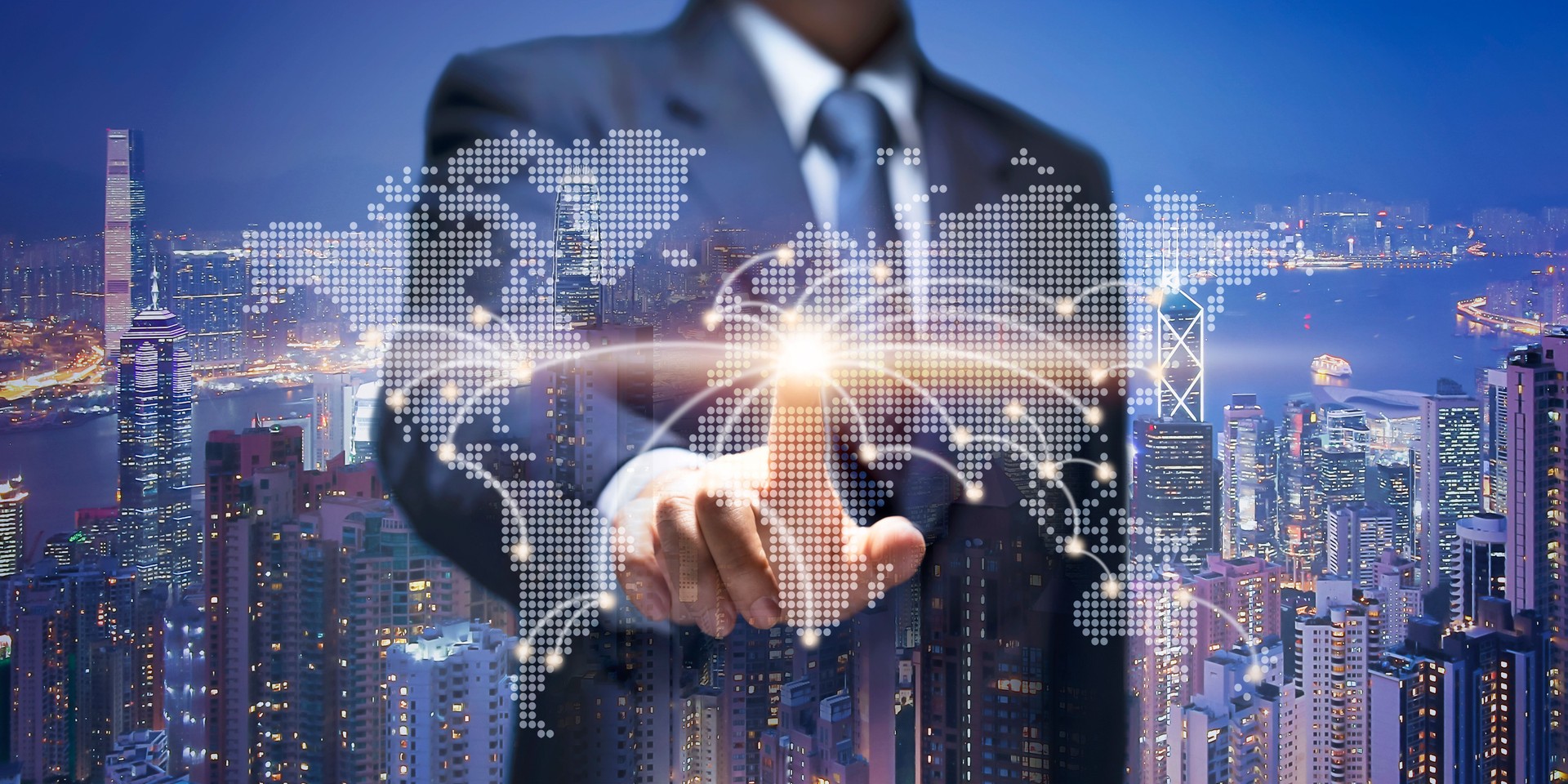 BusinessMan touch on world map. Business man point at earth connection line show business building, 5G World communicate, City tower, Real Estate, Property business, 5G internet, GPS network concept.